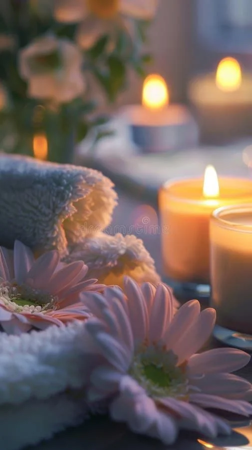 Escena de relajación con velas, flores y toallas en ambiente tranquilo